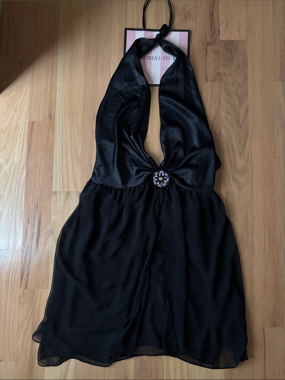 Victoria's Secret Black Halter Chemise with Jeweled Center